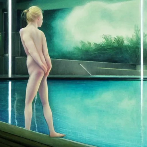 Image similar to Elle Fanning at the pool in the style of Guibing Zhu, head and shoulders portrait, stormy weather, extremely detailed masterpiece, oil on canvas, low-key neon lighting, artstation, Blade Runner 2049, Roger Deakin’s cinematography, by J. C. Leyendecker and Peter Paul Rubens and Edward Hopper and Michael Sowa,