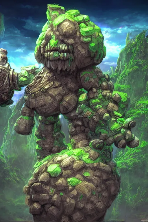 Image similar to zelda fantasy art giant golem troll wood rock greeble gemstone, global illumination ray tracing hdr fanart arstation by sung choi and eric pfeiffer and gabriel garza and casper konefal