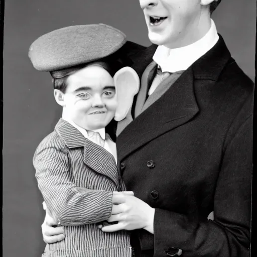 Prompt: a black and white photo of jacob rees - mogg as the childcatcher