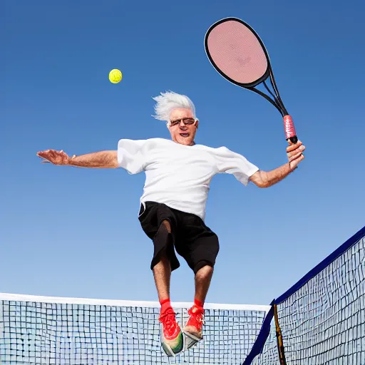 Prompt: a man with white hair and circular glasses holding a pickleball paddle and jumping high in the air, 4 k photograph