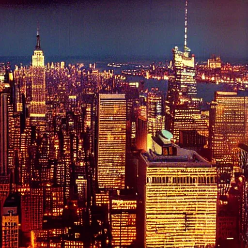 Image similar to Skyline of New York City during the 1980s, cinematic, night, vast, photorealistic, beautiful,