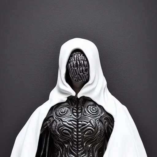 Prompt: venom lord sculptor, black paint on white porcelain, leather cloak, intricate, wet plastic, levitating, style of alex stoddard, blood smoke, 8 k