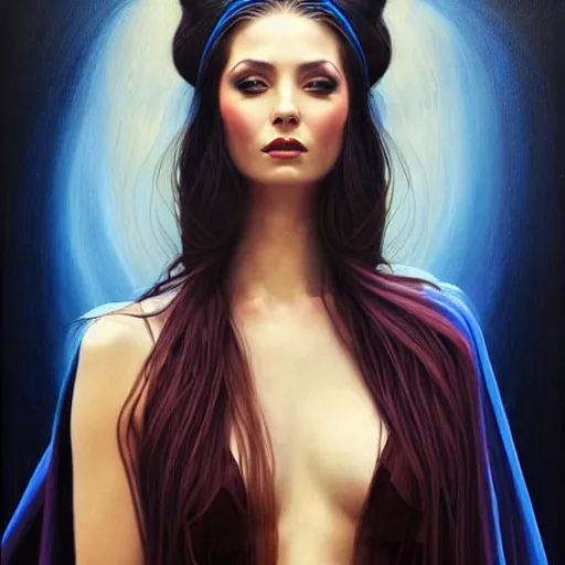 Image similar to portrait of a female wizard in flowing sensual dress, long flowing hair, delicate, looking at camera, slightly smiling, realistic face, stylish, elegant, extremely detailed painting inspired by Gerald Brom, studio lighting