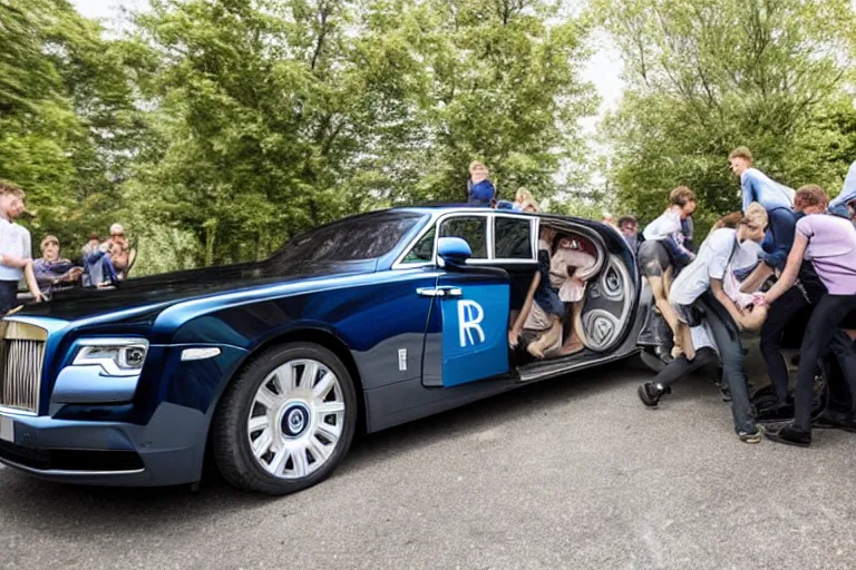 Image similar to Group of teenagers push Rolls-Royce into lake