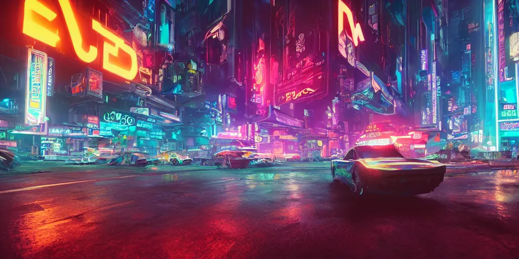 Prompt: a 3 d rendered in unreal engine hyrule land cyberpunk city with neon ads and signs with evocative dramatic mood with blade runner vibe with cars with motion blur with depth of field with bloom with lightshaft with volumetric lights, fog, by scott robertson, oscar winning graphics, photo realistic, bloom, imax, dynamic lighting, artstation,