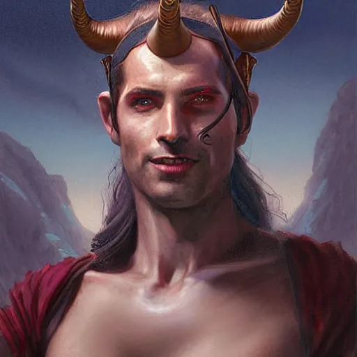 Prompt: Facial portrait of a tiefling bard, looking at the camera, slight awkward smile, lips slightly parted, no hands visible, blushing, intricate, extremely detailed painting by Greg Rutkowski and by Henry Justice Ford and by Steve Henderson
