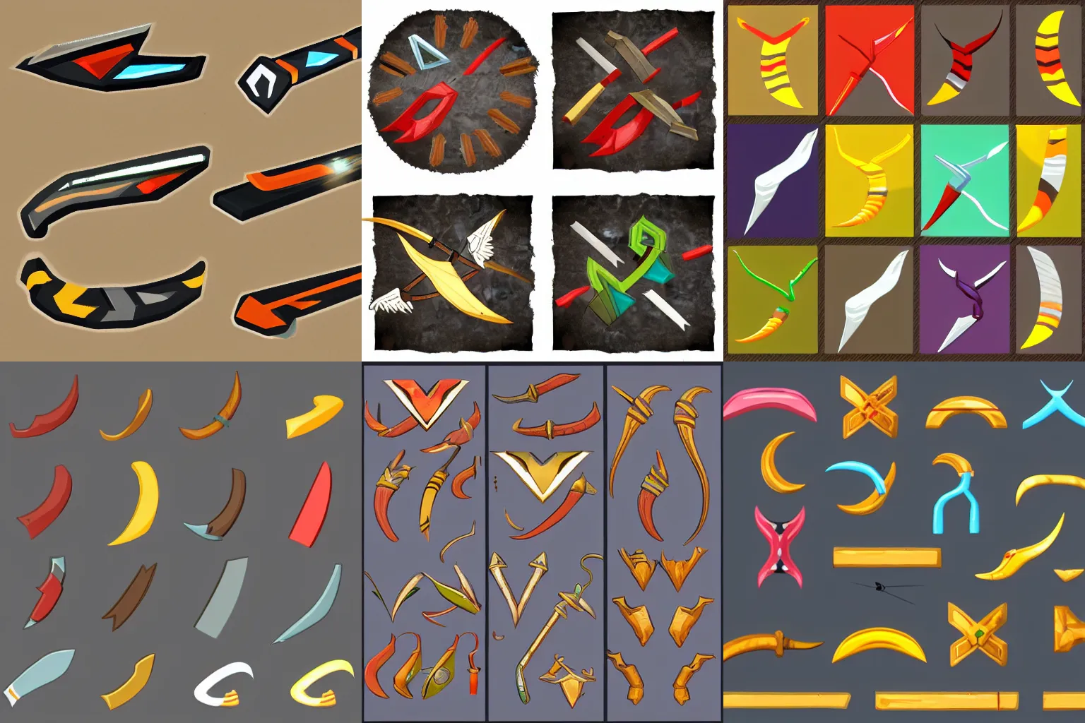 Prompt: Boomerangs in various styles, game art assets