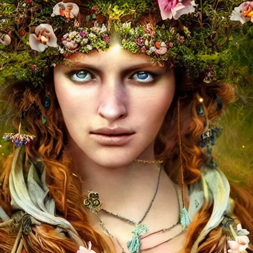 Image similar to portrait of a beautiful enchanted pagan female, depth of field, zeiss lens, detailed, symmetrical, centered, by annie leibovitz and steve mccurry, david lazar, jimmy nelsson, alphonse mucha, klimt, breathtaking, 8 k resolution, extremely detailed, beautiful, establishing shot, artistic, hyperrealistic, beautiful face, octane render