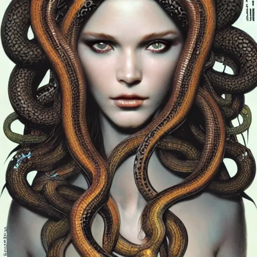 Image similar to head and shoulders vogue 7 0 mm fashion photo of medusa with different species of snakes for her hair, d & d, fantasy, luis royo, magali villeneuve, donato giancola, wlop, krenz cushart