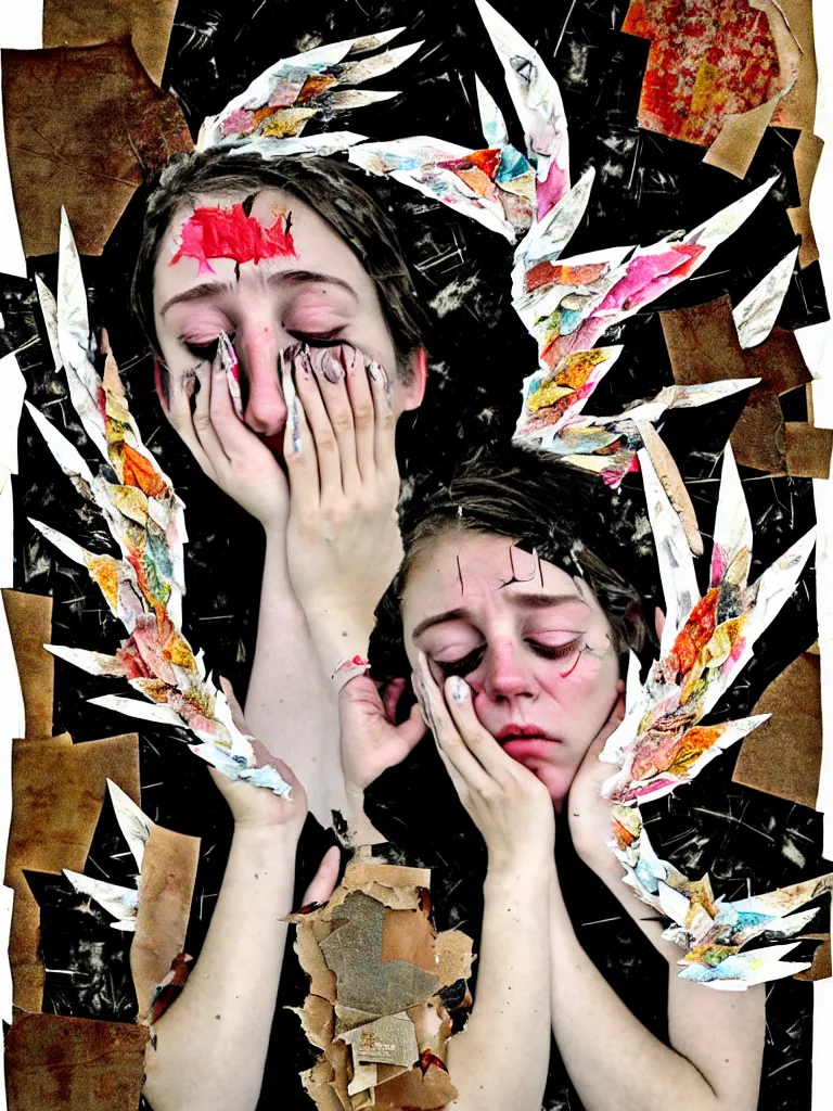 Image similar to a young adult angelgirl soft crying with lots of hands on her face and ratty feathered angel wings, stressed and burnt out, collage effect, collaged, torn paper, torn paper collage, overexposure, overexposed, high exposure