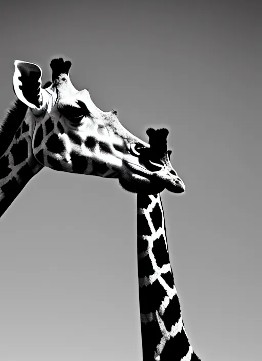 Image similar to two giraffe black and white portrait white sky in background