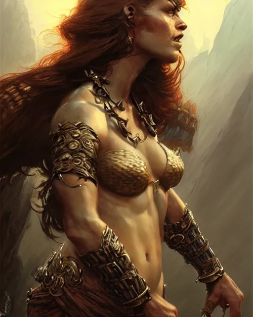 Prompt: fierce woman, fantasy character portrait, ultra realistic, concept art, intricate details, highly detailed, wide angle, by andrew robinson, gaston bussiere, craig mullins, simon bisley
