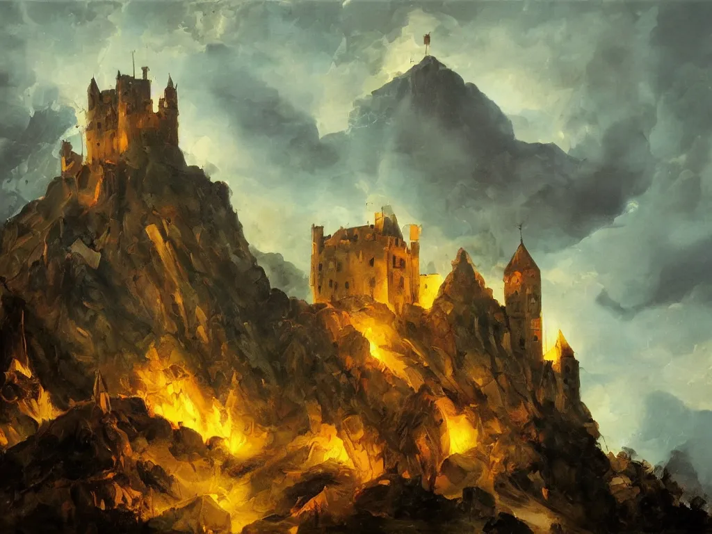 Prompt: modern stylized oil painting of medieval castle on mountain, fire, american romanticism by goya, bright art, cinematic dramatic lighting