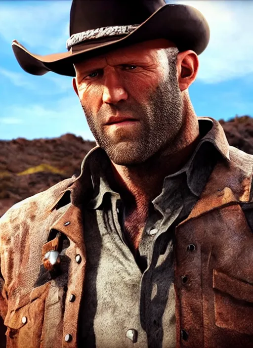 Image similar to an film still of jason statham as cowboy with beard, western background, unreal engine. amazing likeness. very detailed.