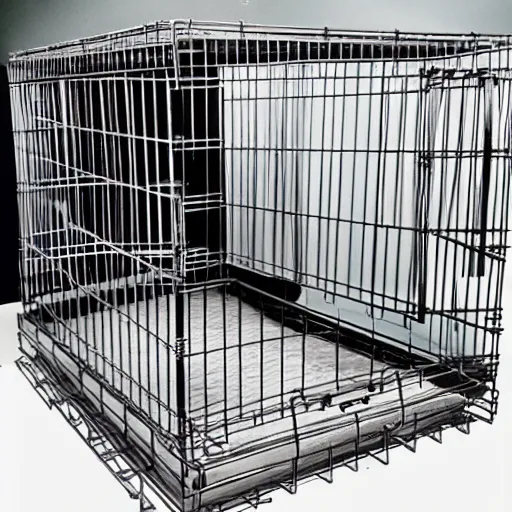 Prompt: human in dog crate.