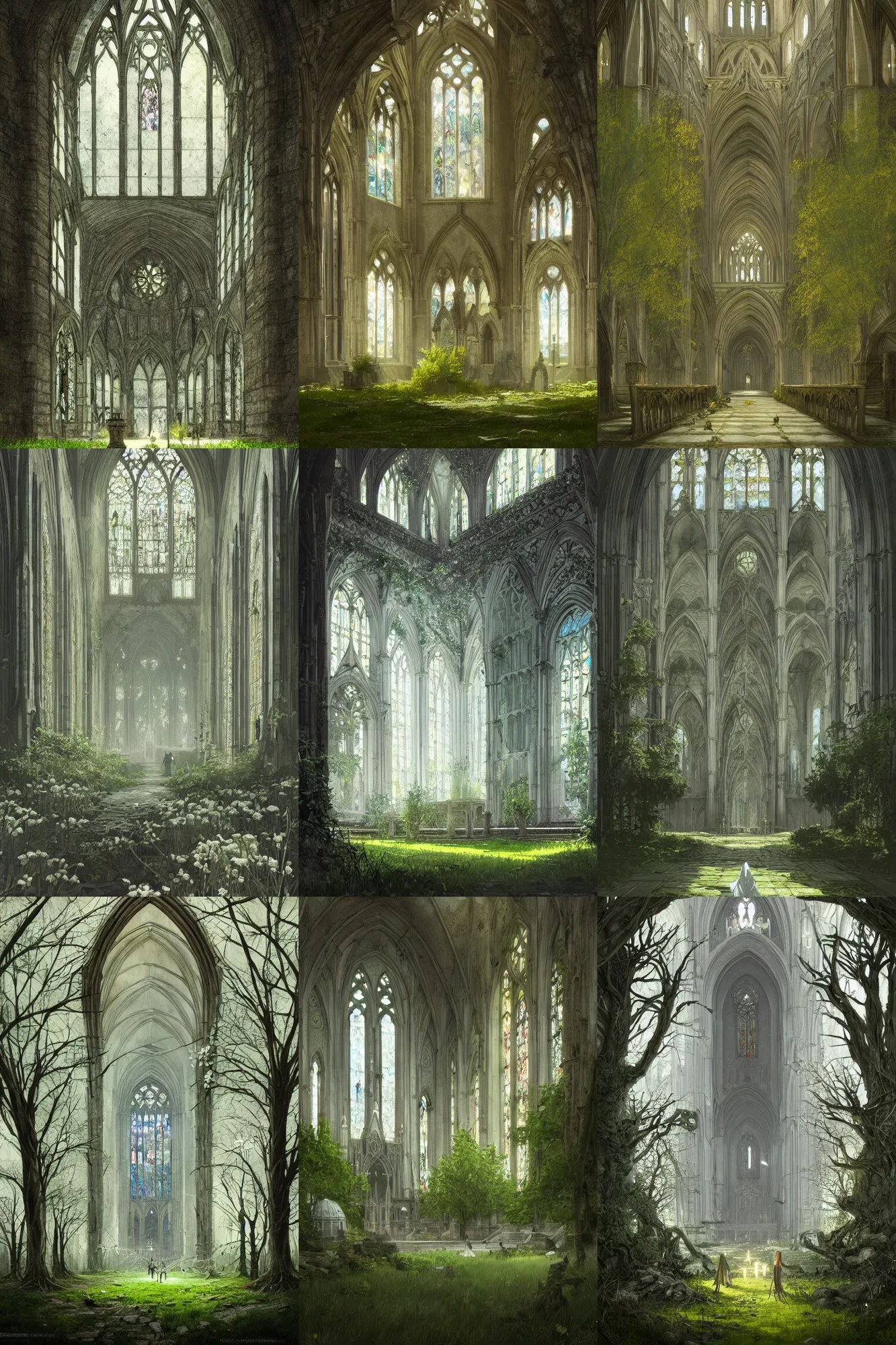 Prompt: interior of the old cathedral, stained glass, gothic style,trees, bushes, white flowers, green grass, damaged floor, greg rutkowski, fantasy, detailed illustration, hd, 4k, digital art, overdetailed art, concept art, trending on artstation