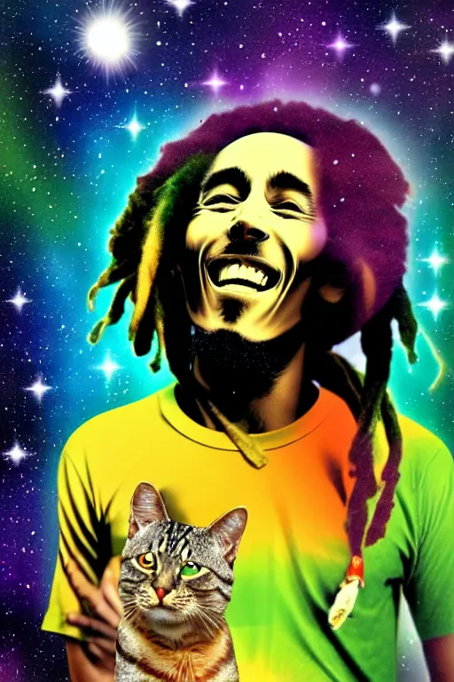 Prompt: A Bob Marley cat floating in space with cannabis, digitalart