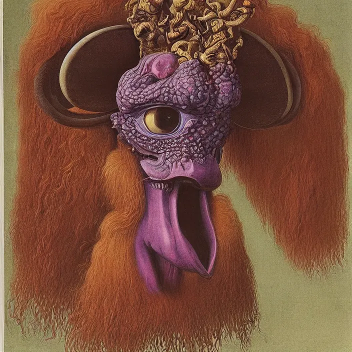 Image similar to close up portrait of a mutant monster creature with giant protruding eyes bulging out of their eye sockets, exotic orchid - like mouth, long colorful hair growing out of the nostrils, antelope horns. by jan van eyck, walton ford