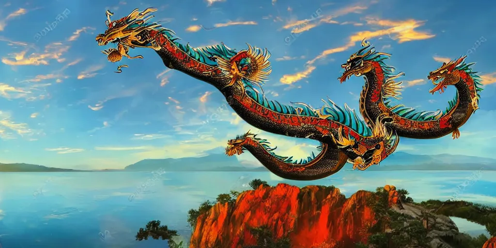 Image similar to fantastic chinese dragon flying over a lake, hd, 4 k, beautiful colors, sunset