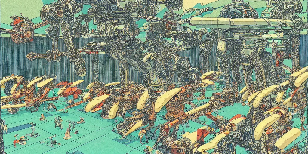 Image similar to gigantic dragonflies, tiny robots, a lot of exotic mecha robots around, human heads everywhere, risograph by kawase hasui, satoshi kon and moebius, 2 d gouache illustration, omnious, intricate, swimming pools and ice, fullshot