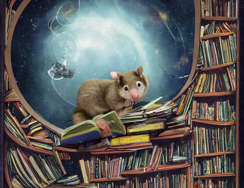 Prompt: possum reading a book in a cluttered library inside a futuristic spacecraft with views of the universe, dreaming illusion