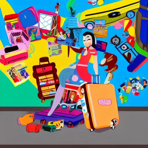 Image similar to a painted cartoonish scene, an open suitcase sits on a table, the open suitcase contains a vast pile of toys, the pile of toys rises all the way to the ceiling, the pile of toys blocks the background, a woman stands next to the table and suitcase, the woman holds more toys