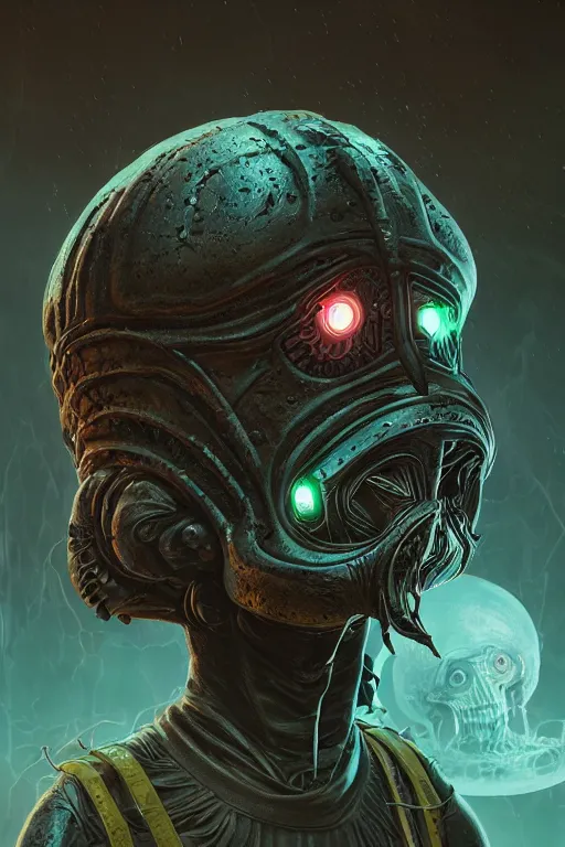 Prompt: rick and morty fused with lovecraft and vader helmet and predator, realistic portrait, high details, intricate details, by vincent di fate, artgerm julie bell beeple, 90s, Smooth gradients, octane render, 8k, volumetric lightning, photo, High contrast, depth of field, very coherent symmetrical artwork