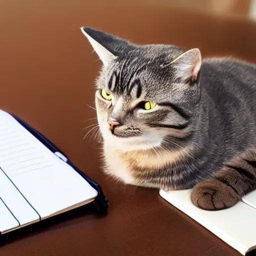 Prompt: cat working with notebook and a coffe cup is on the desk