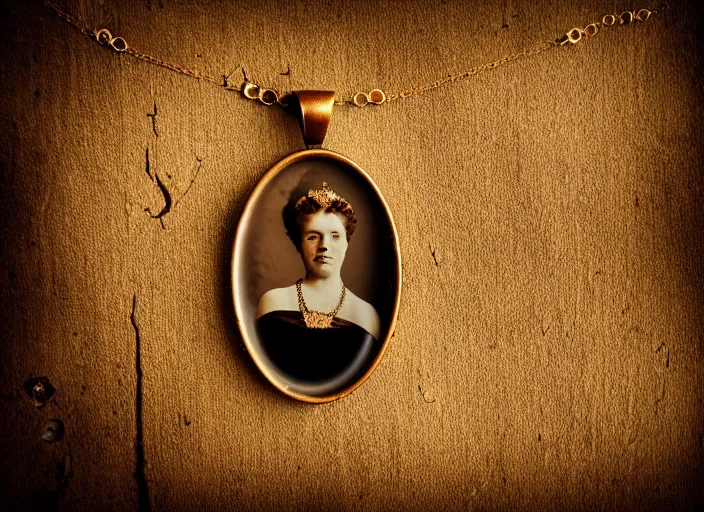 Prompt: old retro burnt out sepia photograph with scratches of a golden necklace with a hanging tiny slim open oval rusty golden locket pendant with a retro photo of an elegant and aesthetic woman royalty portrait. forest background with bokeh. Antique. High quality 8k. Intricate. Sony a7r iv 35mm. Award winning