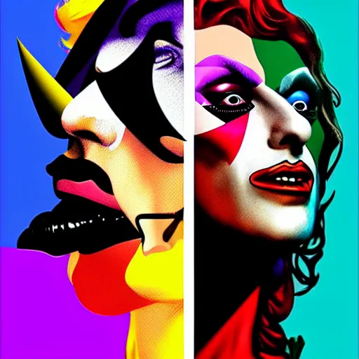 Image similar to richard hamilton and mimmo rottela as lady gaga harley queen and joaquin phoenix joker kissing, pop art, medium long shot, 3 color, separate content, object details, dynamic composition, 4 k, ultra realistic art, smooth, sharp focus, illustration, concept art, intricate details, h 7 6 8