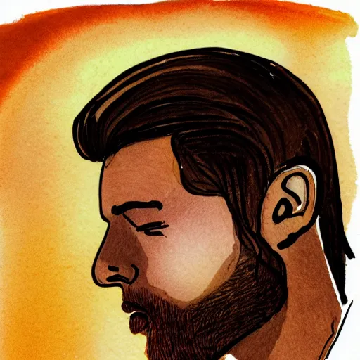 Prompt: a detailed illustration of a mans face. his eyes are closed. he has long brown hair. the sun is superimposed onto his forehead. sunset color-scheme. semi-photo-realistic. ink and wash