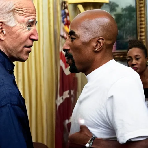 Image similar to tupac shakur visits joe biden at the oval office, photorealistic, ultra hd, 4 k, award winning, patriotic