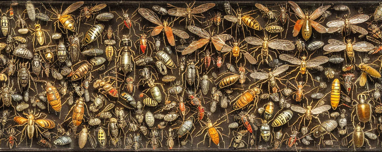 Prompt: a grid of strange giant pinned insects in a museum display case, beetles, spiders, butterflies, moths, wasps, bees, maggots, locusts and flies, oil painting by max ernst and anselm kiefer, decay, mixed media, textured, sharp focus, highly detailed, photographic emulsion cracked and peeling, rust, cinematic lighting, 8 k, hd