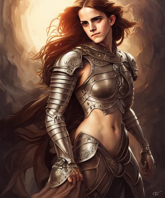 Image similar to Emma watson Muscular and powerful medieval knight woman portrait, sci-fi, amber eyes, face, long hair, fantasy, intricate, elegant, highly detailed, digital painting, artstation, concept art, smooth, sharp focus, illustration, art by artgerm and greg rutkowski and alphonse mucha