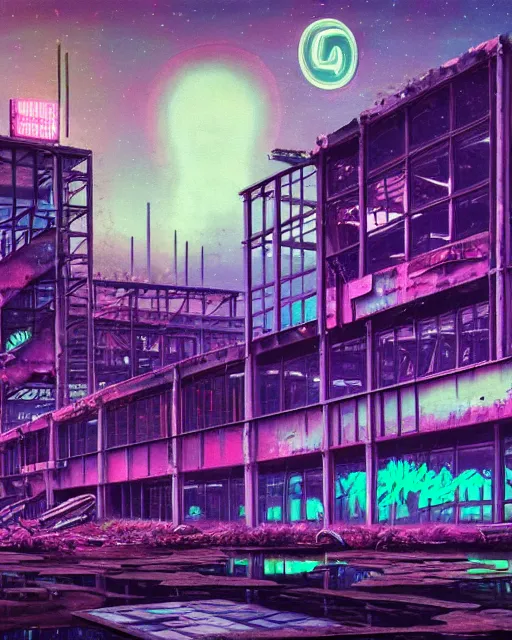 Image similar to a beautiful ultradetailed painting of empire nature industrial architecture unfinished building abandoned urbex building city by stanley spencer, nature at night neon noir evil lake uv light biopunk vaporwave universe retrowave tron, archdaily, wallpaper, highly detailed, trending on artstation.