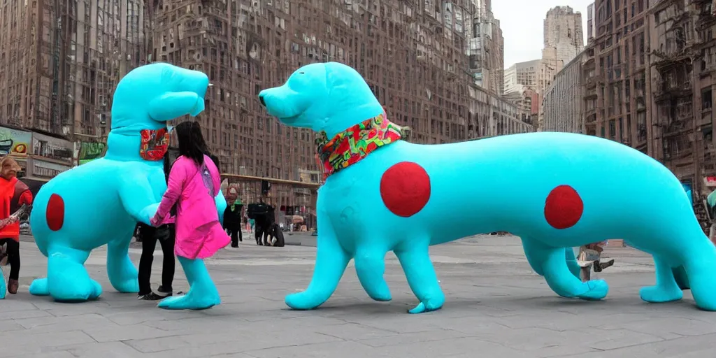 Image similar to huge turquoise wiener - shaped creatures walk around the city