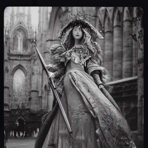 Image similar to a stunning portrait of an aristocratic warrior, by ayami kojima, daniel merriam, john bauer, brian froud, cathedral in the background, stage lighting, kodak eastman double - x black - and - white 5 2 2 2 film stock, panavision millennium xl 2, 1 9 3 0 s -'4 0 s baltar lenses