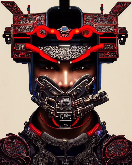 Image similar to portrait of a masculine male cyberpunk machine, machine face, upper half portrait, decorated with chinese opera motifs, asian, fine china, wuxia, traditional chinese art, intricate, elegant, highly detailed, symmetry, headpiece, digital painting, artstation concept art smooth sharp focus, illustration, art by artgerm and greg rutkowski alphonse mucha 8 k