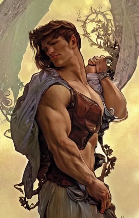 Prompt: pretty muscular sam and dean winchester as a character in romance book art design, character concept, sharp focus!, ultra detailed, art by artgerm alphonse mucha, wlop