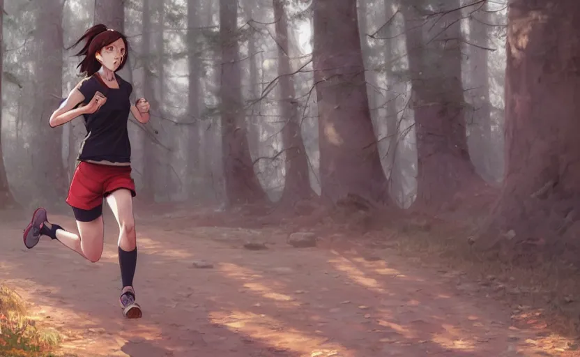 Prompt: a girl is running, red sport clothing, marathon in forest, anime style, brown short hair, hair down, symmetrical facial features, from arknights, hyper realistic, rule of thirds, extreme detail, detailed 4 k drawing, safebooru, realistic lighting, by alphonse mucha, greg rutkowski, backlit