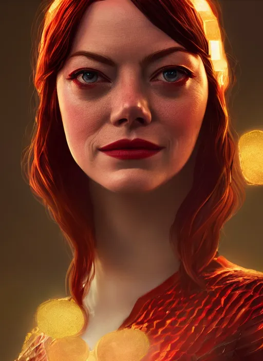 Image similar to portrait of emma stone as the scarlet witch, hyper detailed, digital art, cinematic lighting, studio quality, smooth render, unreal engine 5, octane rendered, art style by klimt and nixeu and ian sprigger and krenz cushart.