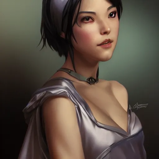 Prompt: cassandra cain in a satin nightgown, cg animation, riot entertainment, arcane, realistic, character select portrait, by artgerm, greg rutkowski, alphonse mucha, 3 d