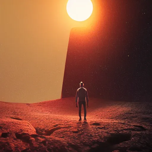 Image similar to a person standing in front of a glowy open door that's on a barren planet, poster art by mike winkelmann, trending on cg society, space art, sci - fi, ue 5, futuristic, volumetric lighting