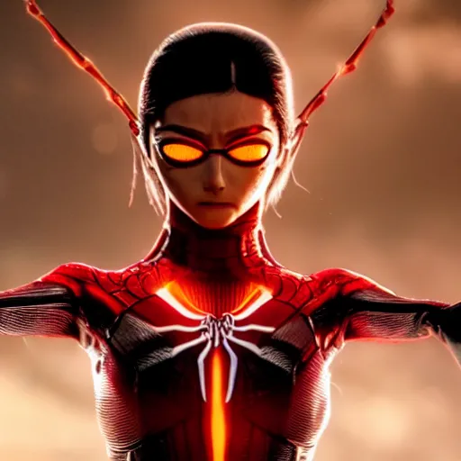 Prompt: cinematic still of spiderwoman in alita : battle angel ( 2 0 1 9 ), xf iq 4, f / 1. 4, iso 2 0 0, 1 / 1 6 0 s, 8 k, raw, dramatic lighting, symmetrical balance, in - frame