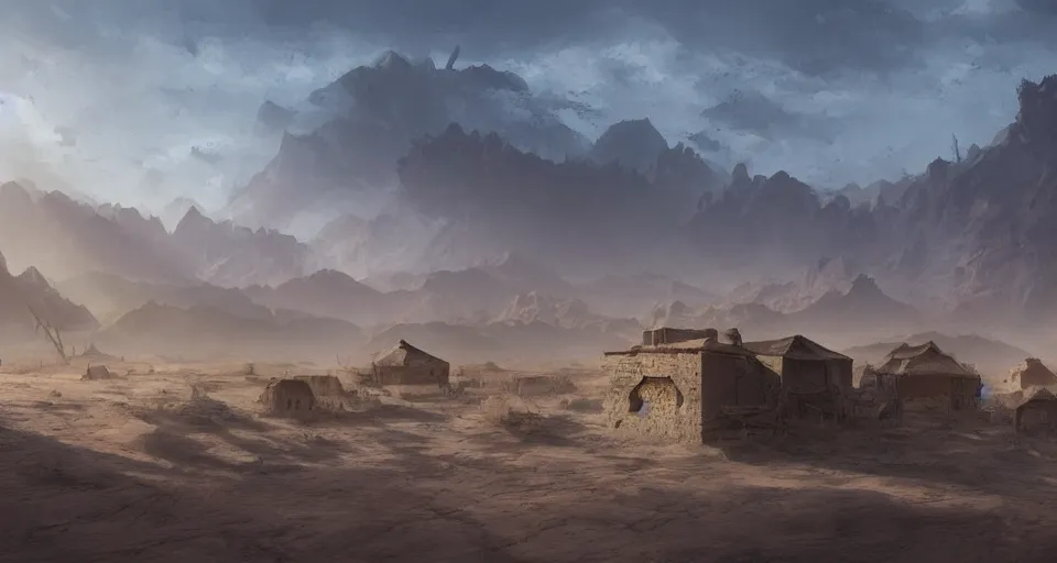 Image similar to a distant desert village, no mountains, artstation, cgsociety