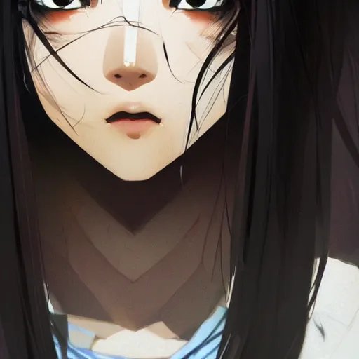 Image similar to portrait of a korean schoolgirl with long hair and bangs, angular features, an angry expression, dramatic lighting, anime illustration by Greg rutkowski, yoji shinkawa, 4k, digital art, concept art, trending on artstation, アニメ, featured on pixiv