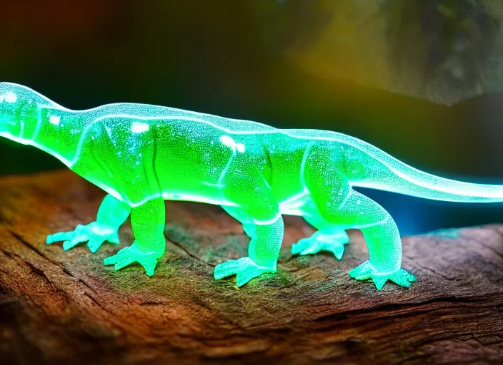 Prompt: photo of a translucent clear chibi style baby dinosaur made out of clear glass, but has hypercolor glowing energy inside its body. different colors in each dinosaur. in the forest. fantasy magic style. highly detailed 8 k. intricate. nikon d 8 5 0 3 0 0 mm. award winning photography. design by pixar