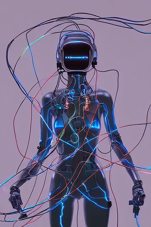 Prompt: A beautiful woman wearing a cybernetic helmet with many wires plugged into it and her body, by Moebius and Beeple