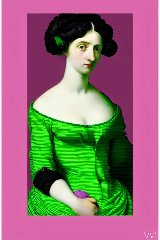 Prompt: portrait of a young pale woman with lilac hair, wearing a neon green dress by Vivienne Westwood, intricate details, cyberpunk, super-flat, in the style of James Jean, Jean Auguste Dominique Ingres, black background