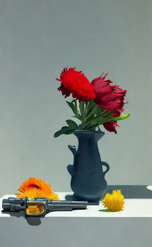 Prompt: beautiful still life featuring blooming flowers and a hand gun, very coherent, painted by Edward Hopper, painted by James Gilleard, airbrush, art by JamesJean